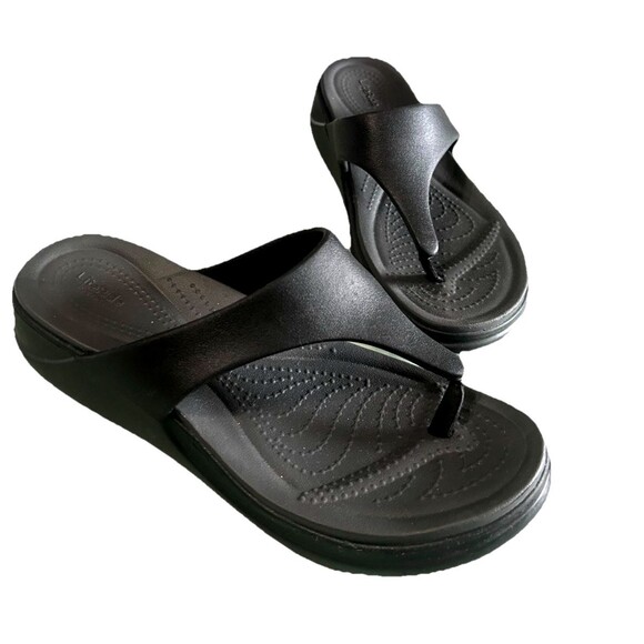 Crocs Boca Lite Ride Womens Size 8 Wedge Black Flip Flops Comfort Casual Sandals - Picture 2 of 11